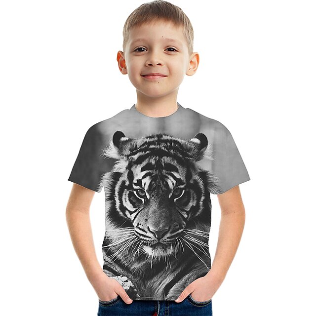 Baby & Kids Boys Clothing | Kids Boys T shirt Tee Short Sleeve Tiger Color Block 3D Animal Print Light gray Children Tops Summer