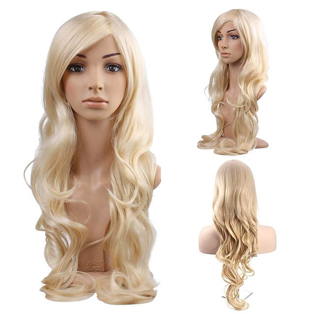  perucă costum de cosplay perucă sintetică ondulată ondulată perucă asimetrică blond deschis lung păr sintetic 34 inci blond de cea mai bună calitate pentru femei