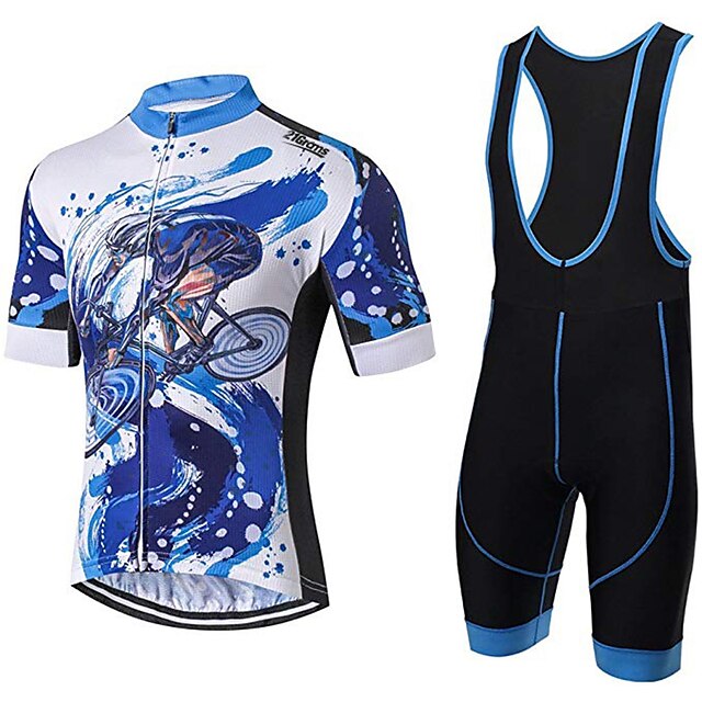  21Grams Men's Cycling Jersey with Bib Shorts Short Sleeve Mountain Bike MTB Road Bike Cycling Blue White Polka Dot Bike Clothing Suit Spandex Polyester UV Resistant 3D Pad Breathable Quick Dry Back