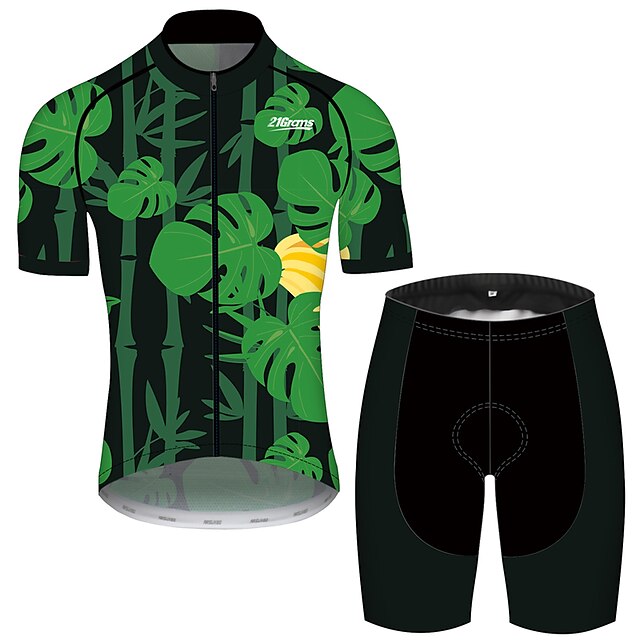  21Grams® Men's Short Sleeve Cycling Jersey with Shorts Summer Spandex Polyester Black / Green Solid Color Leaf Floral Botanical Bike Clothing Suit UV Resistant 3D Pad Breathable Quick Dry Back Pocket