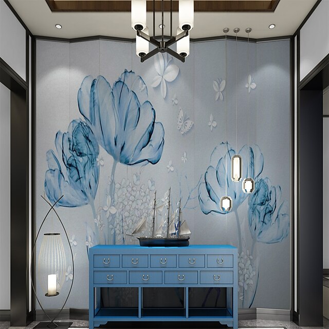  ملصق حائط جداري يغطي طباعة التقشير والعصا القابلة للإزالة على شكل زهرة زرقاء قماشية لديكور المنزل