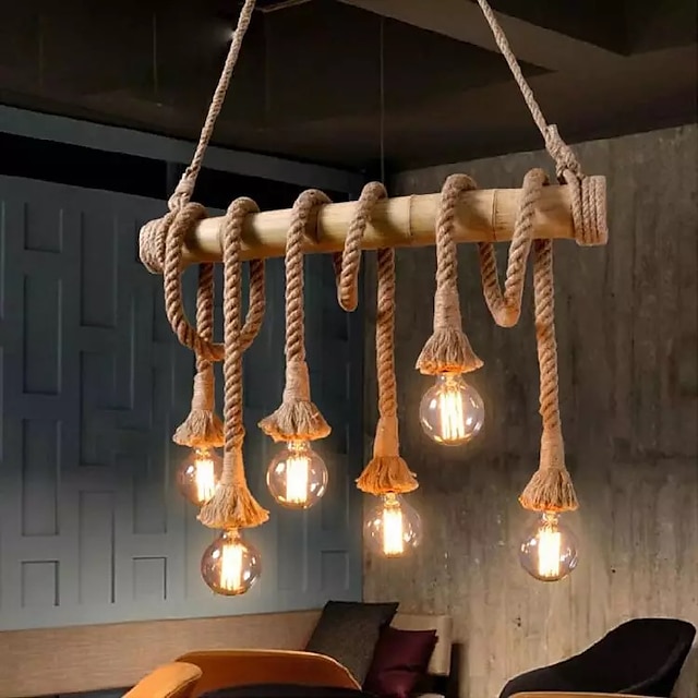  6 ламп 80 см подвесной светильник светодиодный кластерный дизайн дерево / бамбук деревенская цепь для столовой / шнур регулируемый 110-120 в 220-240 в