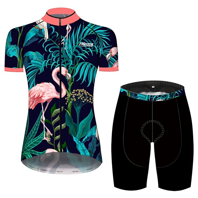  21Grams Women's Cycling Jersey with Shorts Short Sleeve Mountain Bike MTB Road Bike Cycling Pink Green Flamingo Leaf Floral Botanical Bike Clothing Suit Spandex Polyester 3D Pad Breathable / Animal