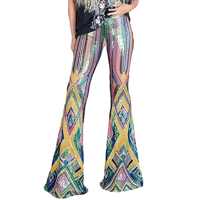  Hippie Disco Vintage 1960s Boho Pants Flowy Pants Women's Sequins Sequin Costume Rainbow Vintage Cosplay Party
