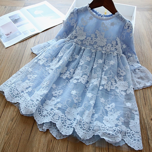  子供 女の子 ドレス ソリッド 長袖 メッシュ 刺繍 かわいいスタイル ポリエステル 膝丈 2〜8年 ホワイト ブルー