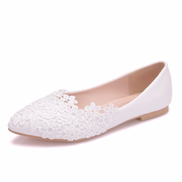  Women's Wedding Shoes Flat Heel Pointed Toe Minimalism Sweet Wedding Party & Evening Lace PU Stitching Lace Solid Colored White