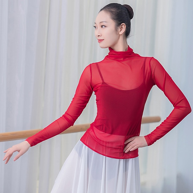  Breathable Ballet Top Split Joint Women‘s Training Performance Long Sleeve Tulle