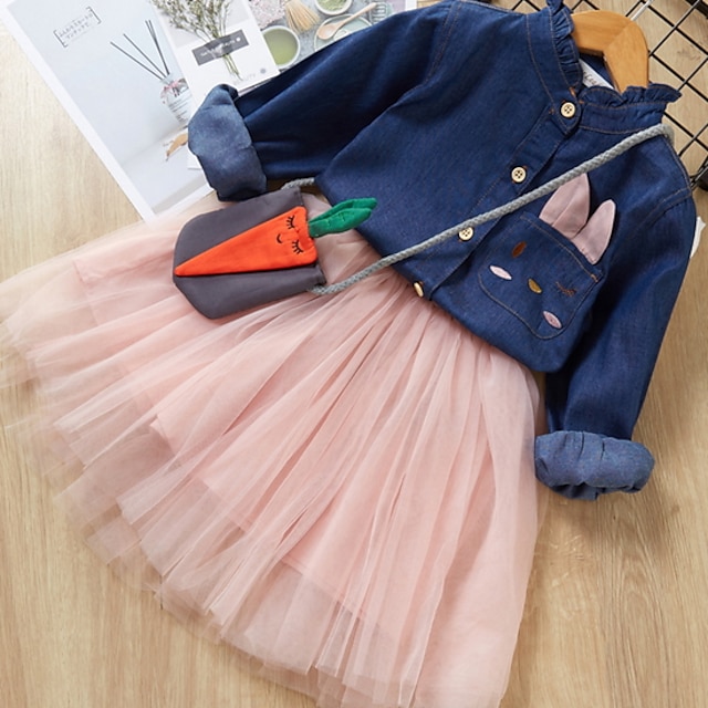  Kids Girls' Clothing Set Long Sleeve Pink Yellow Color Block Basic