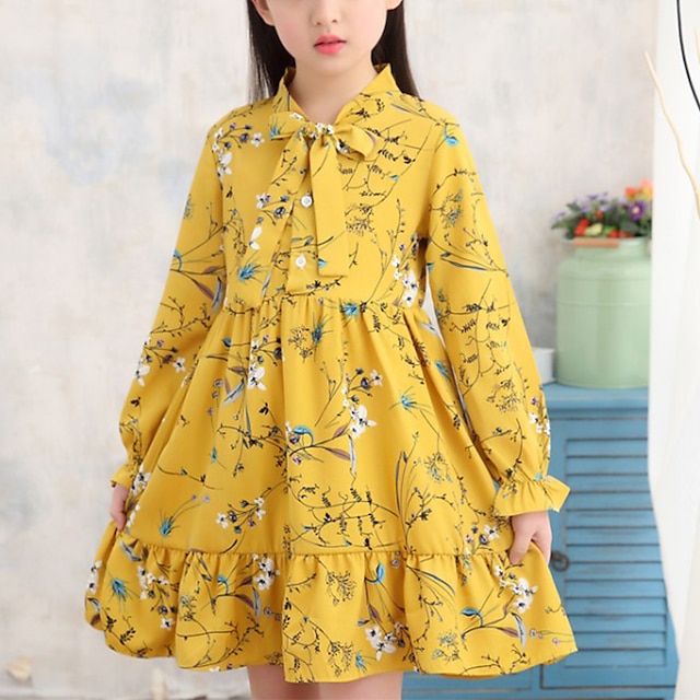  Kids Little Girls' Dress White Blue Floral Plants Patchwork Ruched Blue White Yellow Above Knee Long Sleeve Cute Dresses Children's Day Loose