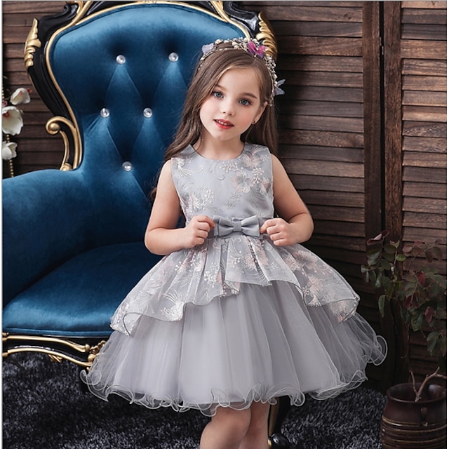  Dziecięca sukienka dla dziewczynki kwiecista jednokolorowa tiulowa sukienka wesele urodziny haftowana szara do kolan bez rękawów sukienki księżniczki dzień dziecka jesień wiosna szczupła 1-5 lat
