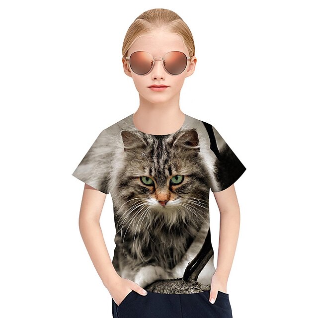  Kids Girls' Children's Day T shirt Tee Short Sleeve Gray Cat 3D Print Cat Plaid 3D Animal Active Punk & Gothic Cute