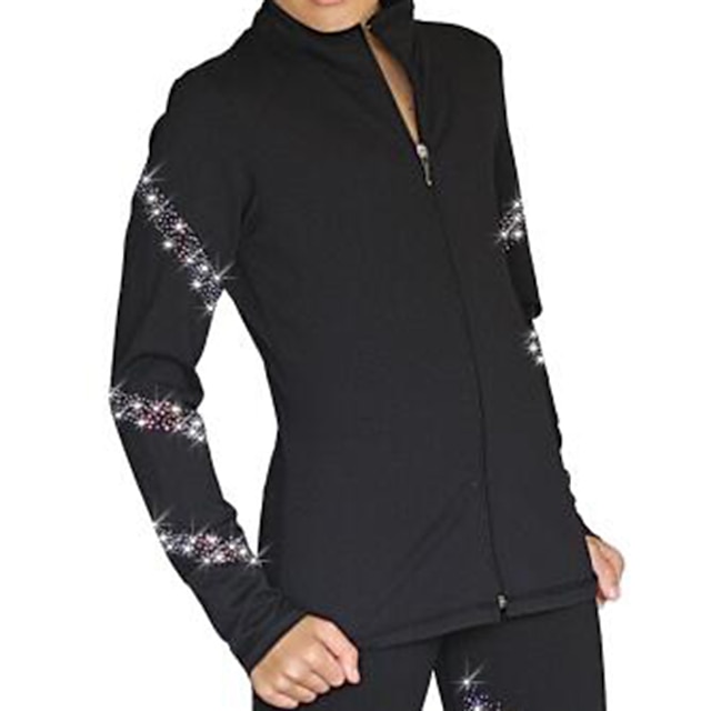  Figure Skating Fleece Jacket Women's Girls' Ice Skating Jacket Outfits Top Black Spandex High Elasticity Training Competition Skating Wear Handmade Crystal / Rhinestone Long Sleeve Ice Skating Figure