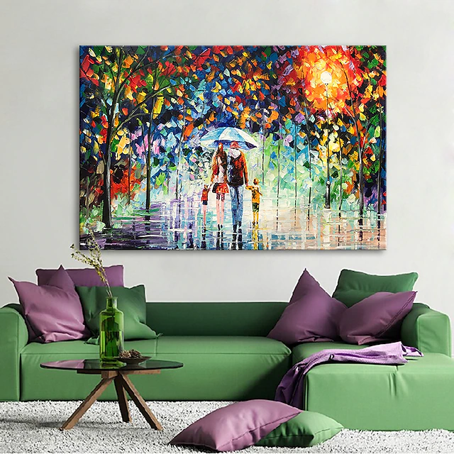 Oil Painting 100% Handmade Hand Painted Wall Art On Canvas A Family Of Four Holds An Umbrella Abstract Landscape Vintage Traditional Home Decoration Decor Rolled Canvas No Frame Unstretched 12