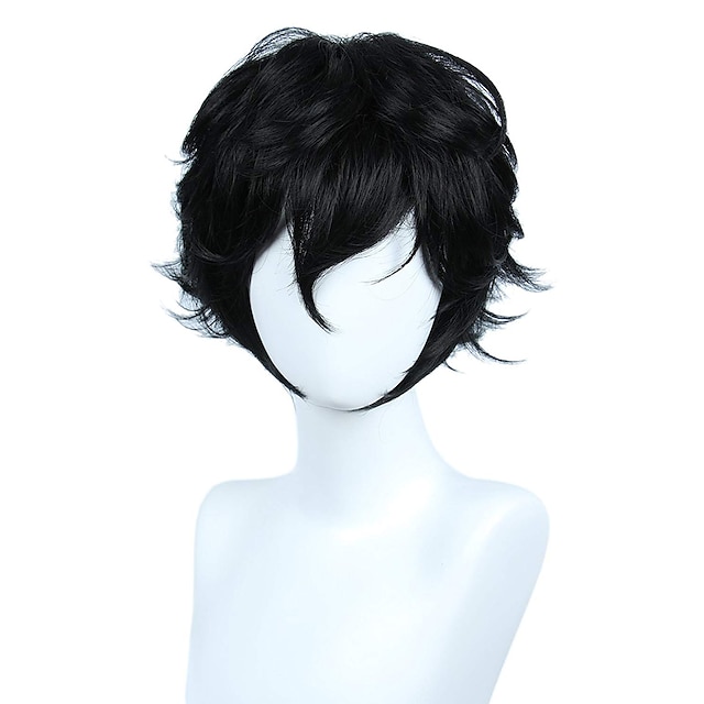  cosplay κοστούμι περούκα συνθετική περούκα χαλαρή μπούκλα ασύμμετρη περούκα κοντά φυσικά μαύρα συνθετικά μαλλιά 10 ιντσών ανδρική χνουδωτή μαύρη περούκα αποκριών