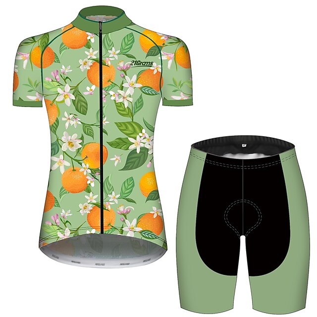  21Grams® Women's Short Sleeve Cycling Jersey with Shorts Summer Spandex Polyester Black / Green Leaf Floral Botanical Funny Bike Clothing Suit 3D Pad Breathable Ultraviolet Resistant Quick Dry Back