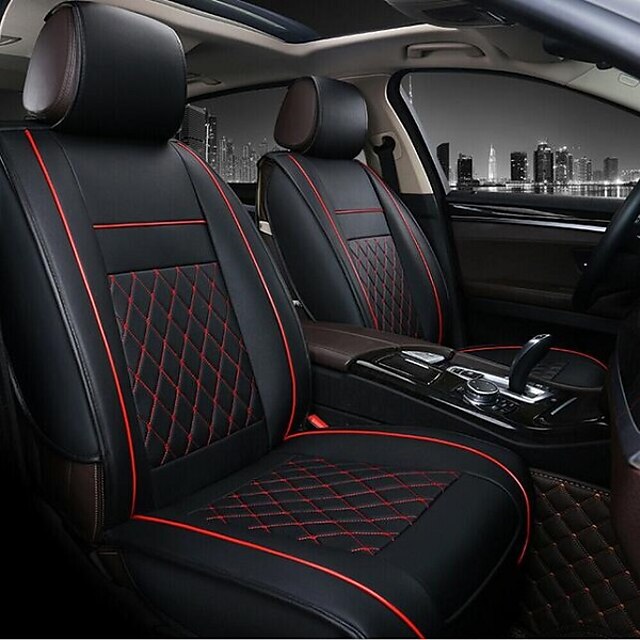  2pcs Black / Red / Beige / Coffee PU Leather Breathable Business Style Non-slip Rhombus stripes Comfortable Car Seat Covers For universal