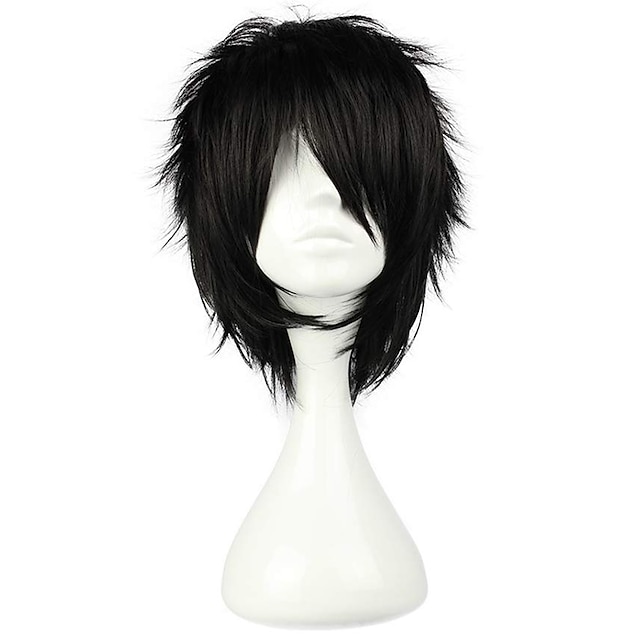  Black Wigs for Men Cosplay  Wig Synthetic Wig Curly Asymmetrical Wig Short Black Synthetic Hair 12 Inch Men‘s Fluffy Black Halloween Wig