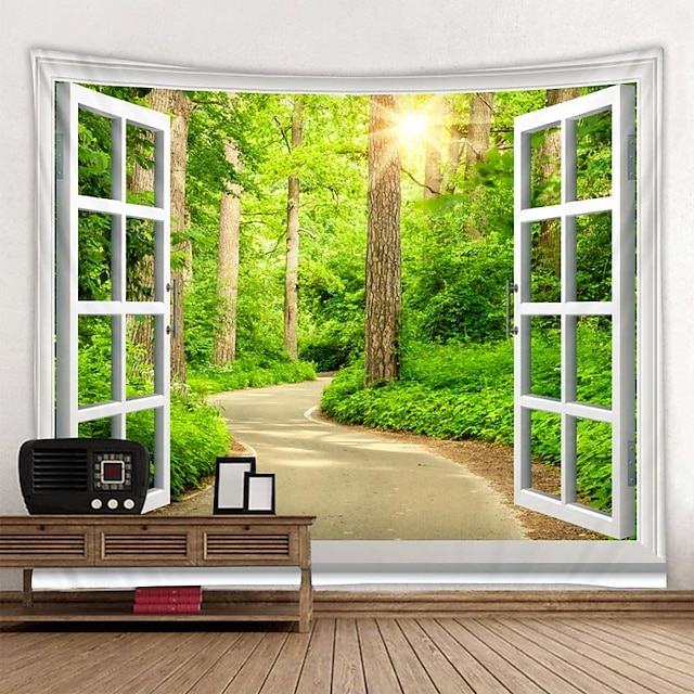  Window Landscape Wall Tapestry Art Decor Blanket Curtain Picnic Tablecloth Hanging Home Bedroom Living Room Dorm Decoration Polyester Forest