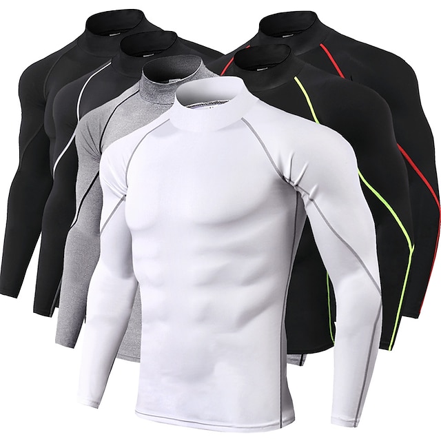  Men's Long Sleeve High Neck Compression Shirt Running Shirt Running Base Layer Stripe-Trim Reflective Strip Top Athletic Winter Spandex Breathable Moisture Wicking Soft Running Active Training