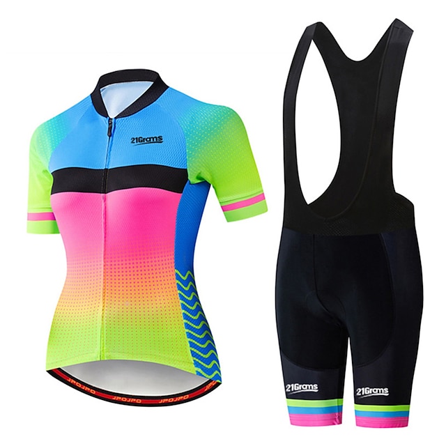  21Grams Women's Cycling Jersey with Bib Shorts Short Sleeve Mountain Bike MTB Road Bike Cycling Rainbow Polka Dot Graphic Patterned Clothing Suit Black Green 3D Pad Cycling Breathable Sports Clothing