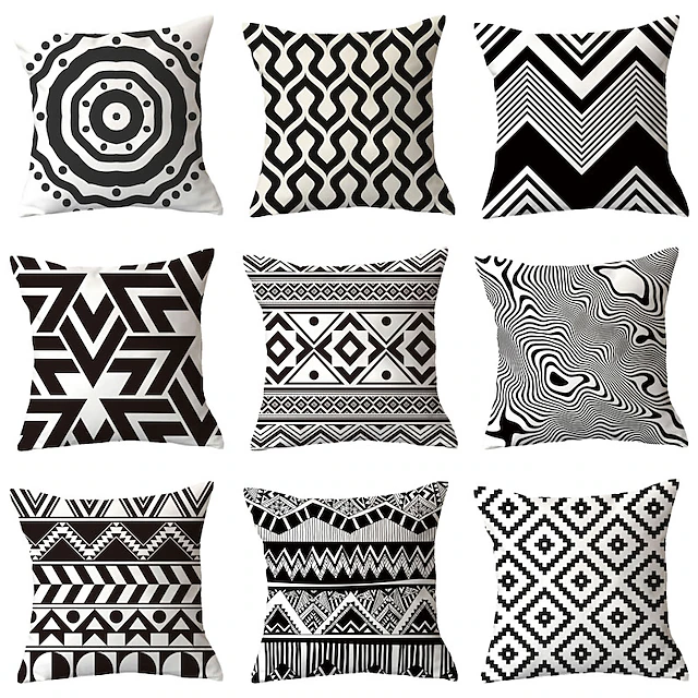 Set of 9 Throw Pillow Simple Classic Cushion Vintage Circle Cover Sofa Home Decor Throw Pillow Case Outdoor Cushion for Sofa Couch Bed Chair Black White 15
