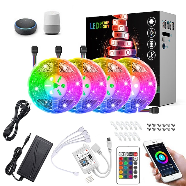  20M(4x5M) LED Light Strips RGB Tiktok Lights Intelligent Dimming App Control Waterproof Flexible 5050 SMD 600 LEDs IR 24 Key Controller with Installation Package 12V 8A Adapter Kit
