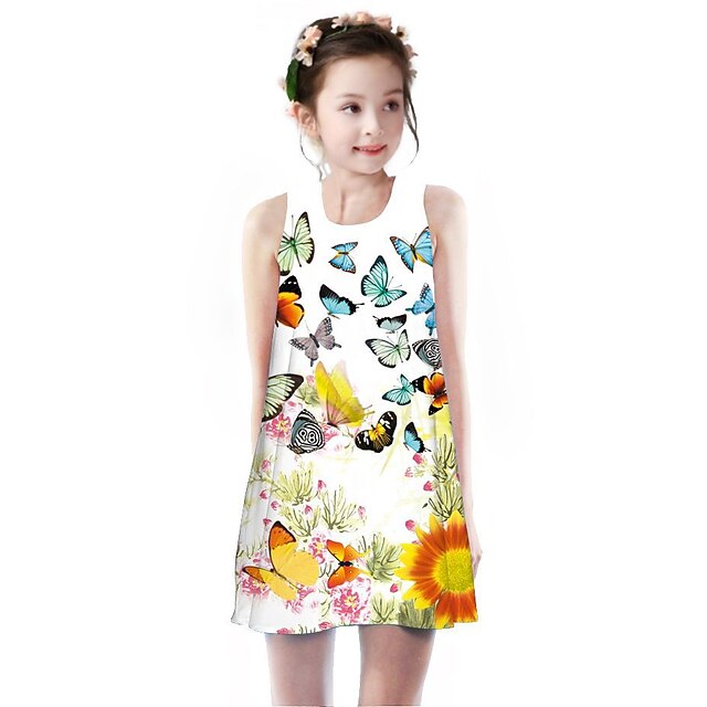  Παιδιά Λίγο Κοριτσίστικα Φόρεμα Πεταλούδα Κυρ Λουλούδι Φλοράλ Φυτά Ζώο Στάμπα Ουράνιο Τόξο Ως το Γόνατο Αμάνικο Βασικό χαριτωμένο στυλ Φορέματα Η Μέρα των Παιδιών Κανονικό
