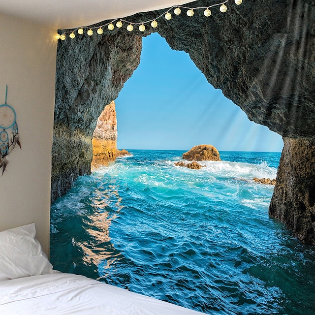  Fala oceaniczna jaskinia gobelin ścienny art decor koc zasłona piknik obrus wiszący dom sypialnia salon akademik dekoracja natura krajobraz morze