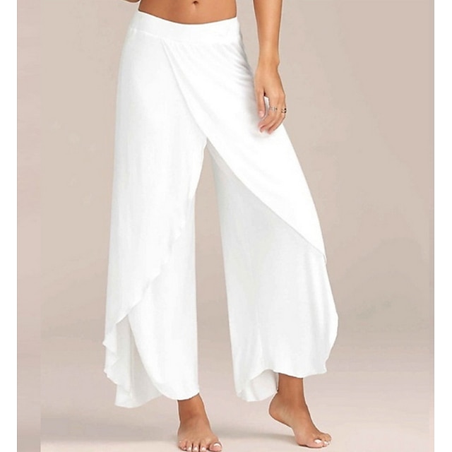  Women's Culottes Wide Leg Pants Trousers Layered Split Ruffle Basic Gym Yoga Stretchy Chinese Style Mid Waist White Black Wine S M L / Loose / Elasticity