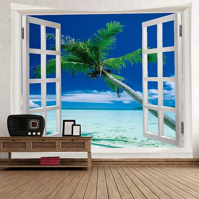  Window Landscape Wall Tapestry Art Decor Blanket Curtain Picnic Tablecloth Hanging Home Bedroom Living Room Dorm Decoration Polyester Sea Ocean Beach Palm