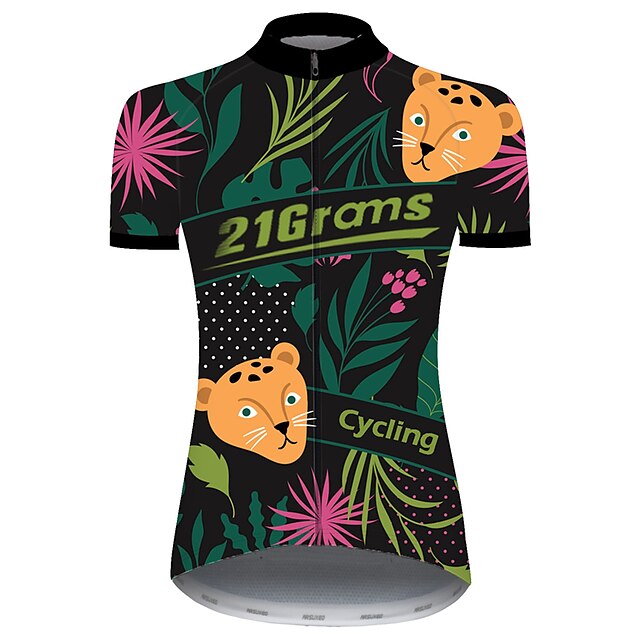  21Grams Women's Short Sleeve Cycling Jersey Summer Green / Yellow Leopard Floral Botanical Funny Bike Jersey Top Mountain Bike MTB Road Bike Cycling UV Resistant Quick Dry Breathable Sports Clothing
