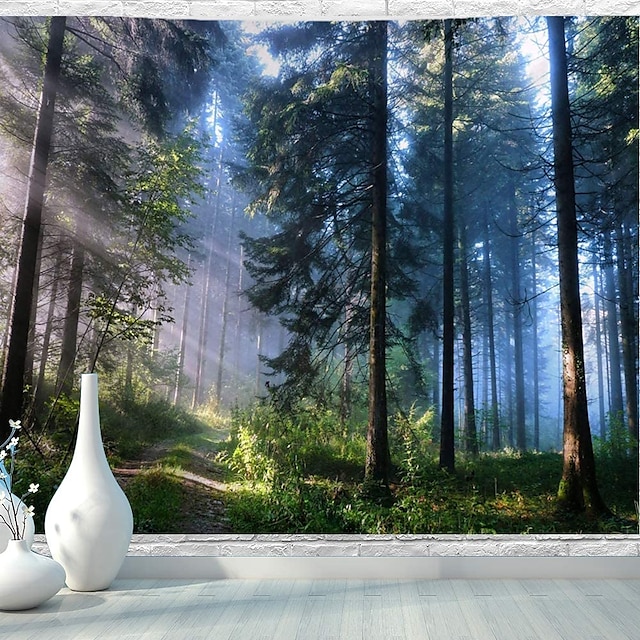 Landscape Tree Wall Tapestry Art Decor Blanket Curtain Picnic Tablecloth Hanging Home Bedroom Living Room Dorm Decoration Misty Forest Nature Sunshine Through Tree2