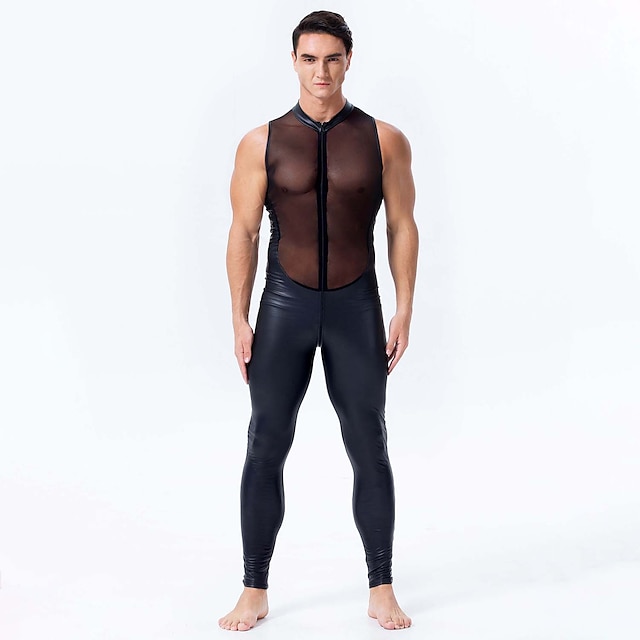  Dance Costumes Leotard / Onesie Split Joint Full Length Visible Zipper Men's Performance Theme Party Sleeveless Natural PU Mesh Sexy Perspective