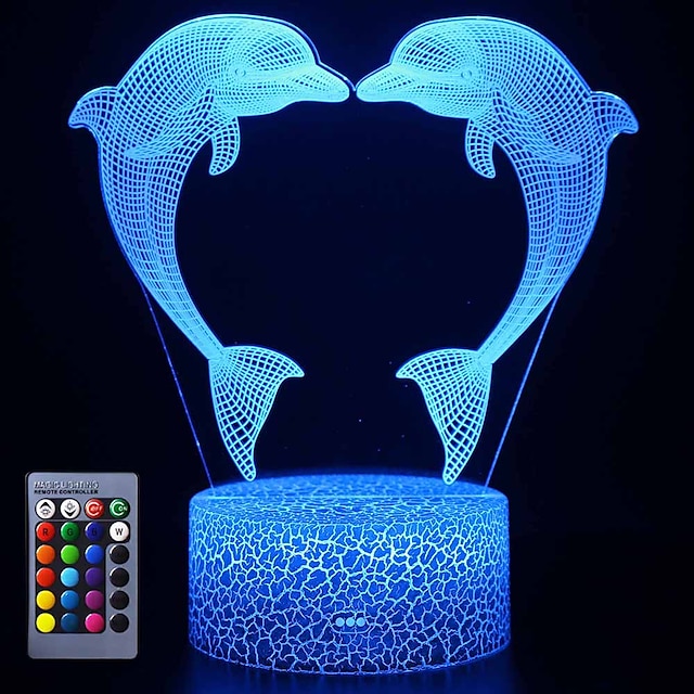  Dolphin 3D Illusion Delphinus Delphis Night Lamp 16 Color Change Touch White Crack Base Power by AA Batteries with Remote Control