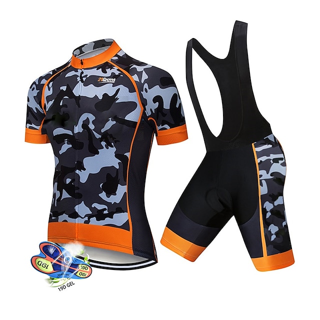 21Grams Men's Cycling Jersey with Bib Shorts Short Sleeve Mountain Bike MTB Road Bike Cycling White Black Green Patchwork Camo / Camouflage Bike Clothing Suit UV Resistant 3D Pad Breathable Quick Dry