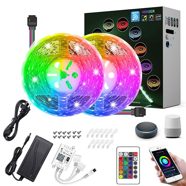  2x5m juegos de luces tiras de luces rgb 300 leds 5050 smd 10mm 1 control remoto de 24 teclas 1 juego de soporte de montaje 1 cables dc 1 juego rgb impermeable app control party 12 v