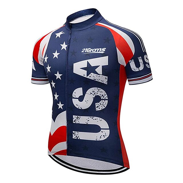  21Grams® Men's Cycling Jersey Short Sleeve Mountain Bike MTB Road Bike Cycling Graphic American / USA Stars Jersey Shirt Red Blue UV Resistant Breathable Quick Dry Sports Clothing Apparel / Stretchy