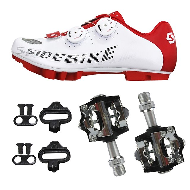  SIDEBIKE Voksne Sykkelsko med pedal og tåjern Mountain Bike-sko Karbonfiber Demping Sykling Rød og Hvit Herre Sykkelsko