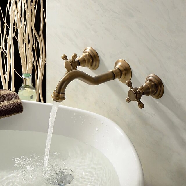 Bathtub Faucet - Retro Antique Brass Wall Installation Ceramic Valve Bath Shower Mixer Taps2