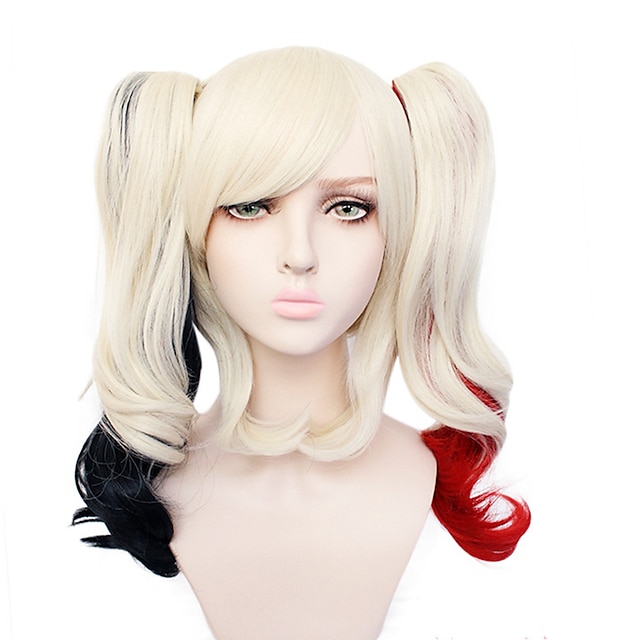  Ponytail Wig Harley Quinn Cosplay Wigs Women‘s With 2 Ponytails 12 inch Heat Resistant Fiber Curly Multi-color Adults‘ Anime Wig Halloween Wig