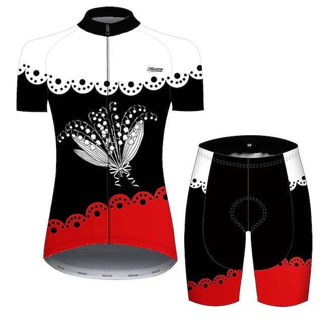  21Grams Women's Short Sleeve Cycling Jersey with Shorts Summer Black / Red Patchwork Floral Botanical Bike Clothing Suit 3D Pad Ultraviolet Resistant Quick Dry Breathable Reflective Strips Sports