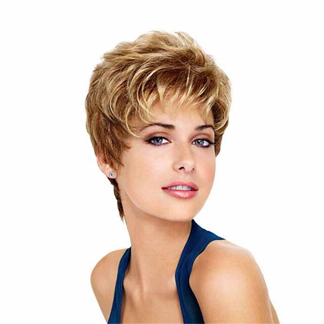 Beauty & Hair Wigs & Hair Pieces | Synthetic Wig Curly Matte Layered Haircut Wig Short Dark Brown / Golden Blonde Synthetic Hair