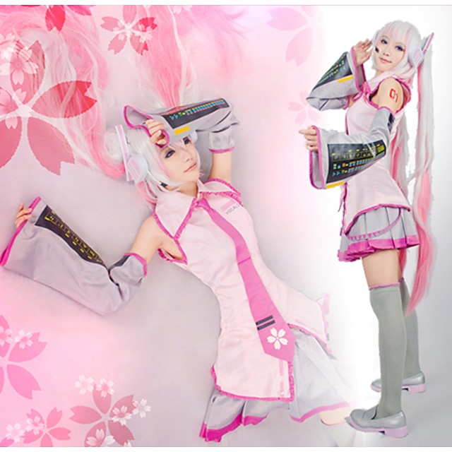  Inspired by Vocaloid Sakura Miku Video Game Cosplay Costumes Cosplay Suits / Dresses Patchwork Sleeveless Shirt Skirt Sleeves Costumes / Tie / Stockings / Strap