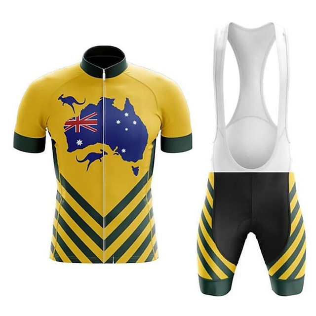  21Grams Men's Short Sleeve Cycling Jersey with Bib Shorts Summer Black / Yellow Australia National Flag Bike Clothing Suit UV Resistant 3D Pad Quick Dry Breathable Reflective Strips Sports Patterned