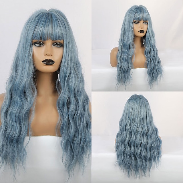  Synthetic Wig Bangs Wavy Water Wave Side Part With Bangs Wig Long Black / Smoke Blue Ombre Blue Synthetic Hair 24 inch Women's Cosplay Women Synthetic Blue Ombre HAIR CUBE / Ombre Hair