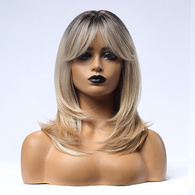  Synthetic Wig Matte kinky Straight Neat Bang Wig Long Light Blonde Synthetic Hair 20 inch Women's Adorable Blonde