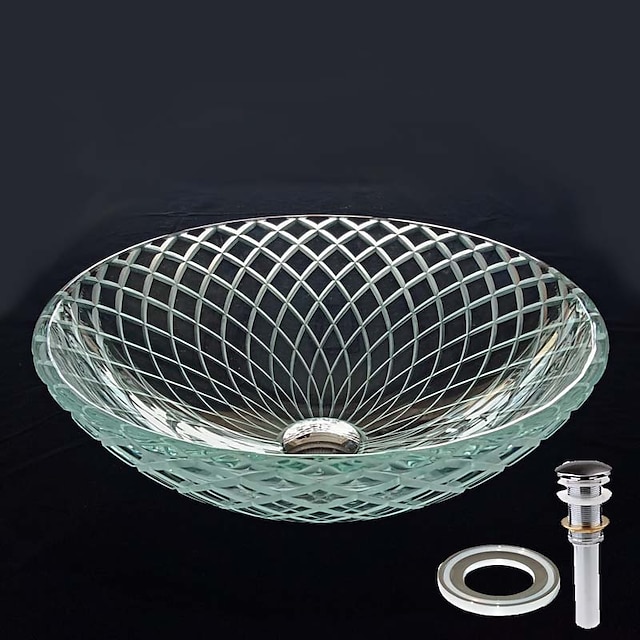  Round Basin Sink 16.5 inches, Tempered Glass Crystal Vessel Sink with Pop Up Drain and Mounting Ring, Washroom Art Basin Countertop Artistic Above Counter Vanity Bowl