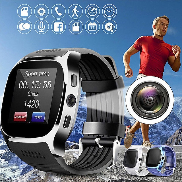  T8 Slimme horloge 1.5 inch(es) Smart horloge Bluetooth Timer Stopwatch Stappenteller Activiteitentracker Slaaptracker Compatibel met: Android iOS IP 67 Dames Heren Sportief Logboek Oefeningen Camera