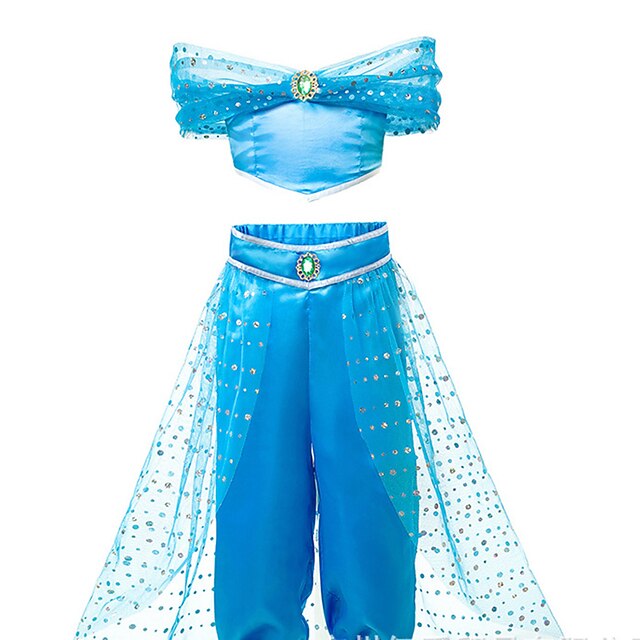  Princess Princess Jasmine Cosplay Costume Outfits Girls' Movie Cosplay Cosplay Halloween Blue Top Pants Children's Day Masquerade Tulle Polyester