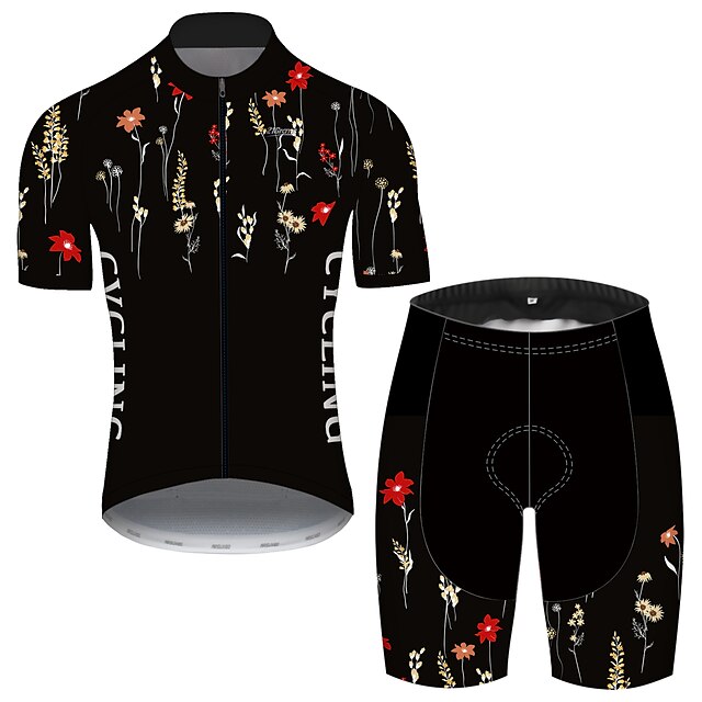  21Grams® Men's Short Sleeve Cycling Jersey with Shorts Summer Spandex Polyester Black Solid Color Floral Botanical Bike Clothing Suit UV Resistant Breathable Quick Dry Sweat wicking Sports Solid Color